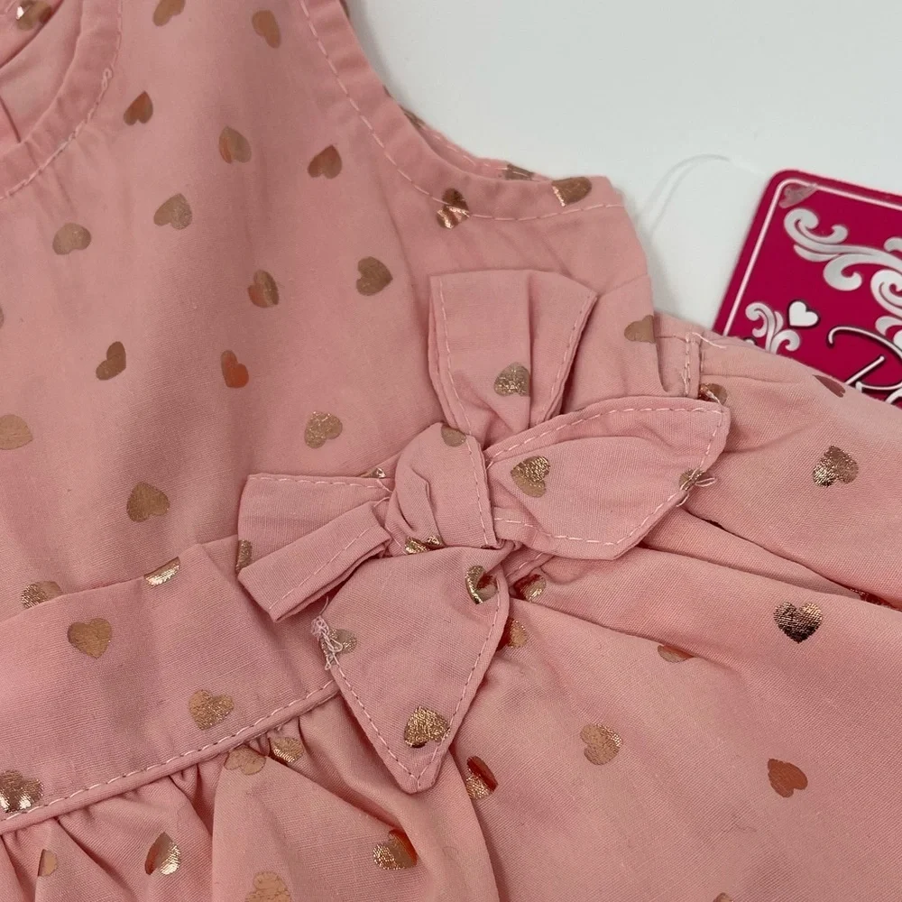 REAL LOVE PINK SHINY HEARTS DRESS & BLOOMERS RUFFLE & BOW SZ 12 MONTHS - Picture 4 of 11